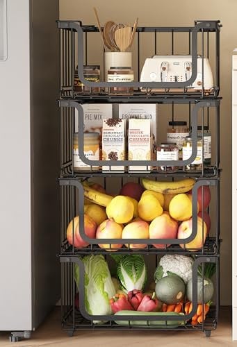 UMDONX 4 Piezas Fruteros de Cocina Metálica Cestas de Alambre Apilable 39,5x32,5x20cm Grande Cesta de Fruta con Asa Almacenamiento de Cocina para Frutas y Verduras(Negro)