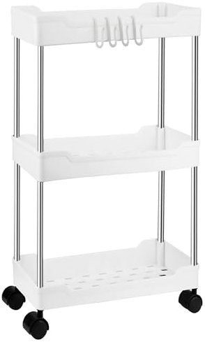 FUREINSTORE Carrito Estrecho de Almacenamiento Movible de Plástico con Ruedas – Estante Organizador Ideal para Cocina, Baño, Oficina o Dormitorio, Fácil Montaje y Transporte (Blanco, 3 Niveles)