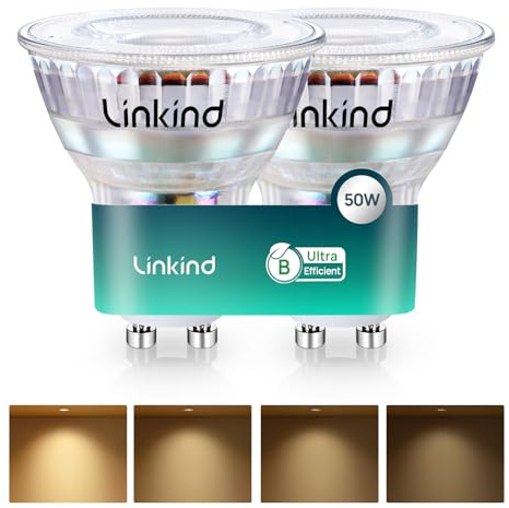 Linkind Ultraeffiziente GU10 LED Dimmbar Lampe, 2.5W ersetzt 50W, 2700K Warmweiß Energiesparlampe, Dimmbar Glühbirne 415Lm, 90° Abstrahlwinkel, Klasse B GU10 LED Birne, 2 Stück