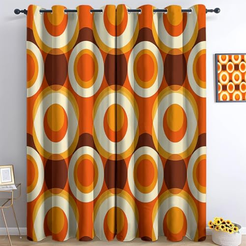 Srigzcaly Retro-Blasenmuster in Braun und Orange Verdunkelungsvorhänge orange Farbe, 2er Set Wärmedämmende Ösenvorhänge H215 x B110 cm, Farbechter Polyester Vorhang für Schlafzimmer Kinderzimmer