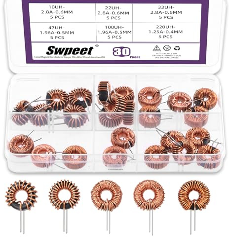 Swpeet 25Pcs 5 Größen 22UH-5A 47UH-3.8A 220UH-1.96A 330UH-1.96A 100UH-2.8A Toroid Magnetinduktor Kupferdraht Wind Wunde Sortiment Kit, Induktionsspule für Transformatoren DIY Leiterplatte