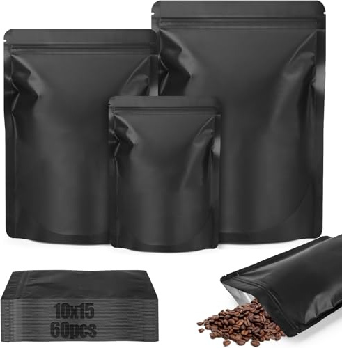 TXXATX 60 Pcs Mylar Bags 10x15 cm Aluminum Foil Bags Resealable Smell Proof Bag Stand Up Pouches Black Heat Seal Ziplock Packaging Baggies for Nut Coffee Beans Tea Candy Cookie Sweet Jewellery
