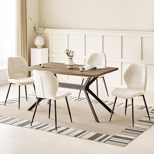 JIJIAN Essgruppen mit Dunkelbraun Holz Esstisch und 4 Beige Stühle, Rechteckiger Esstisch in 140 x 80 x 76 cm mit 4 Ergonomischer Design Leinen Esszimmerstühle, für Esszimmer, Küche, Wohnzimmer