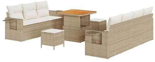 vidaXL Garten-Sofa-Set mit Kissen mit Speicher 10 pcs Beige und Creme, Garten und Terrasse, modernes Poly Rattan Set, UV-beständige Materialien, abnehmbare Kissen, Sitzgruppe für draußen