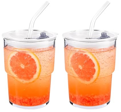 Henrrida Pack of 2 400 ml Glass Cups with Lids and Straws,Belt Glasses Straws,Glass Coffee Travel Mug, Iced Coffee Glasses,Suitable for Hot and Cold Drinks