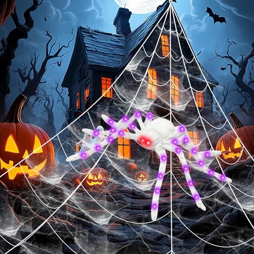 Strixorn Halloween Deko Set mit 125cm Weiß Haarige Spinne mit LED,500cm Riesige Spinnennetz,Spinnweben,20 Mini Spinne, XL Riesenspinne Dekoration Gruselig Außendekoration (Ohne Batterie)