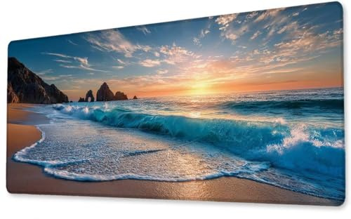 Mousepad Großes Gaming Mauspad XXL Der Strand 600x1200x3 mm Schreibtischunterlage rutschfeste Gummibasis Wasserdicht und Langlebig Tastatur Unterlage für Büro,Zuhause Extra Vernähten Kanten zj-186