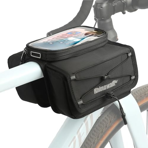 Rhinowalk Oberrohrtasche mit Handyhalter, wasserdicht, Magnetverschluss | Regenschutz,doppelseitig,Reißverschluss,Touchscreen-Handyhülle,für 7 Zoll,Schwarz