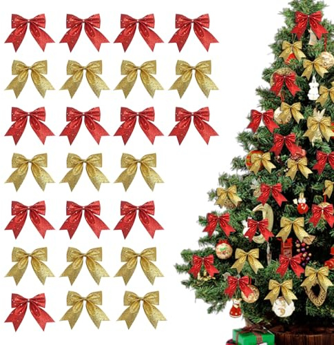 BSITSSS 24 Stück Schleifen Weihnachtsbaum, Gold Rot Glitzer Weihnachtsschleifen, Weihnachtsbaum Schleifengeschenkschleifen für Weihnachtskranz Geschenkboxen Türen und Fenster