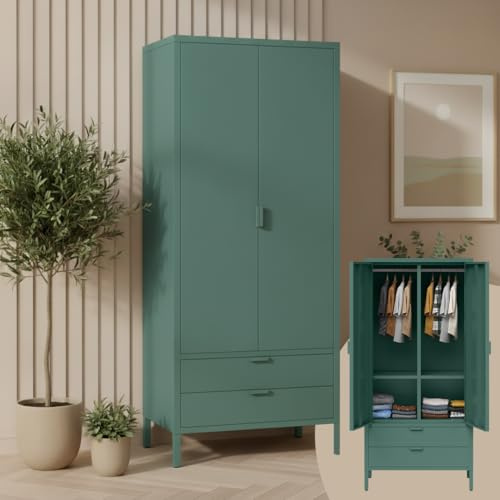 skølm Ituri Metallschrank 80 cm breit, Dunkelgrün, 2 Schubladen, 6 Fächer