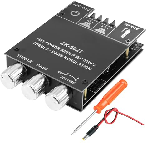 ZK-502T Amplificador Bluetooth 5.0 HiFi Estéreo 2x50W, Amplificador con Bluetooth para Altavoces, Placa Mini Estéreo con AUX BT DC12-24V y Controles de Agudos/Graves para Altavoces Caseros DIY
