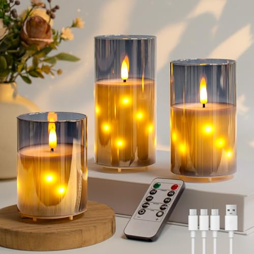Wiederaufladbare Grau Glas-Flammenlose Kerzen mit Fernbedienung und Timer, 3D-Docht-LED-Kerzen, eingebettete Feen-Lichterketten, echtes Wachs, durchsichtiges 3er-Pack für Wohnkultur, Tischdekorationen