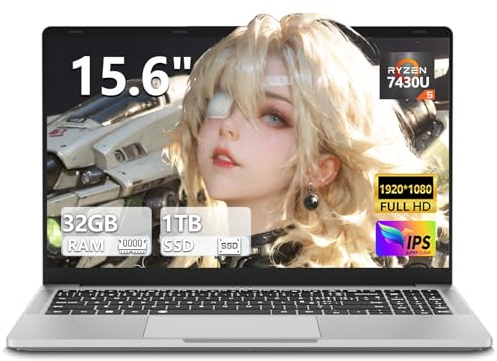 15,6 Pollici Portatile PC Ryzen 5 7430U (4.3GHz) Processore 32GB RAM 1TB SSD Notebook Win11 Grafica Radeon Laptop Tastiera Retroilluminata/Sblocco Tramite impronta Digitale USB 3.2 Type-C WiFi 6