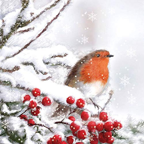 Ambiente Servietten Lunch / Party / 33x33cm Robin In Snow, 1 stück, Weiß, 2-lagig, Papier, Einwegserviette