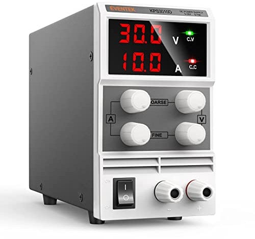 Eventek Fuente de alimentación de CC variable, 0-30V / 0-10A Fuente de alimentación regulada de conmutación ajustable Digital con cables de cocodrilo y UK Cable de alimentación- Ligero Gris…