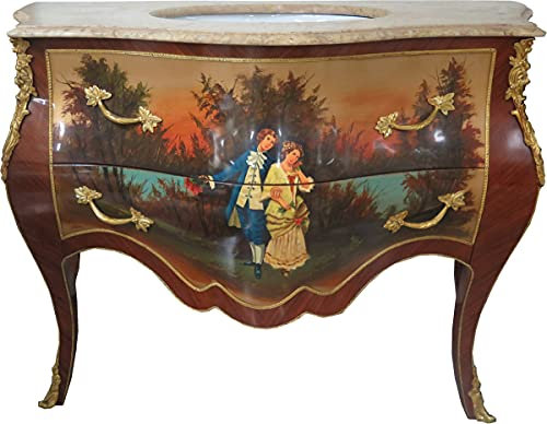 Casa Padrino Barock Waschtisch Braun mit Malerei und cremefarbener Marmorplatte - Luxus Barock Badezimmermöbel