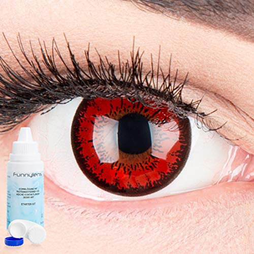 Farbige rote Crazy Fun Kontaktlinsen 'Red Flower' ohne Stärke mit gratis Linsenbehälter + Kombilösung (60ml) - Topqualität zu Karneval, Fasching und Halloween