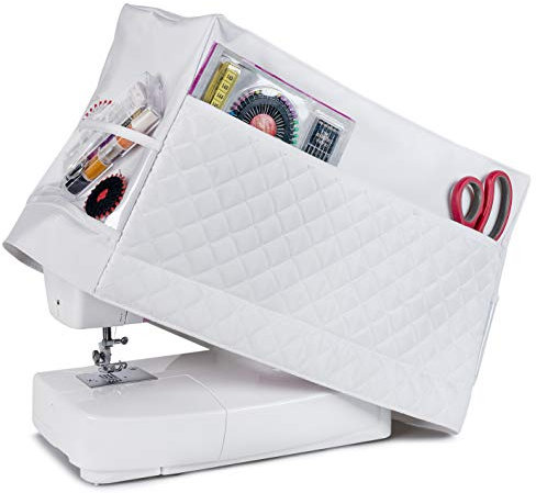 Addicted DEPO Rodi's Nähmaschinen-Abdeckung mit praktischen Taschen, gesteppter Staubschutz, universell für die meisten Standard-Singer- und Brother-Maschinen, Weiß