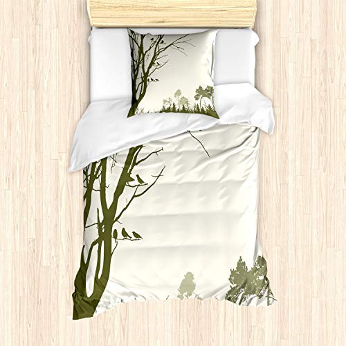 ABAKUHAUS Landschaft Bettbezug Set für Einzelbetten, Waldvögel auf Baum, Milbensicher Allergiker geeignet mit Kissenbezug, Olivengrün Creme