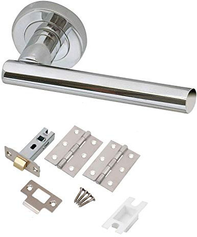Golden Grace T-Bar Door Handles on Round Rose in Polished Chrome with Hinges and Tubular Latch - 1 Set