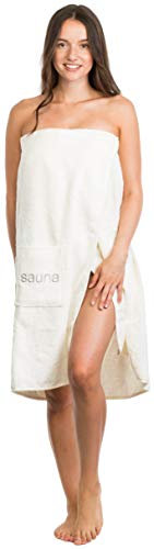 Brandsseller Damen Saunakilt Saunasarong S-XXL mit Klettverschluss, Gummizug und Tasche 100% Baumwolle - Creme/Weiss