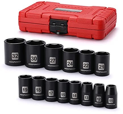 MIXPOWER 14 Pieces 1/2-Inch Drive Shallow Impact Socket Set, 10-24mm, CR-V, Metric, 6 Point, Shallow, 14 Pieces 1/2 Dr. Shallow Socket