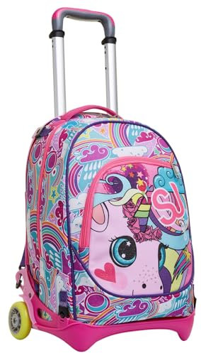Rucksack mit Trolleyfunktion, 3 in 1, Schulranzen mit Rollen, Abnehmbarer Rucksack, ab 1. Klasse, für Schule, Gymnasium, Reisen&Freizeit, Mädchen&Jungen, mehrfarbig, Einhorn