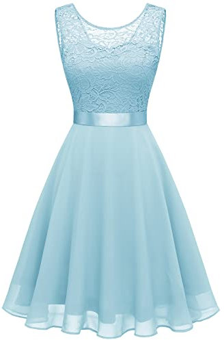 Berylove Abito da Donna in Pizzo da Damigella d'Onore Elegante Abito da Cocktail Lunghezza al Ginocchio in Chiffon Senza Maniche 05 Azzurro XS