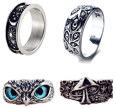 XHBTS 4 Stück Eulenaugenring/Evil Eye Ring/Pilzstern Blume Mystischer Ring/Mondstern Sonne Statement Ringe Nettes Tier Offene Ringe Pack für Männer Frauen