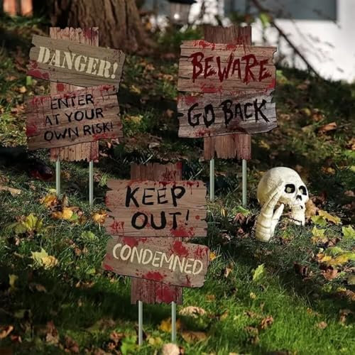 YUET Lot de 3 Pierres de Panneau de Signalisation de Décorations d’Halloween avec Piquets accessoires d'horreur assortis Jardin Cour, Maison Hantée, Cimetière, Pelouse Extérieure