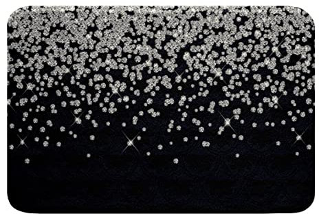Loussiesd Silber Glitzer rutschfeste Badematte 50x80cm (kein Glitzer) Bling Partydeko Schwarz Hochflor saugfähige Badteppiche für Raute Blumen Mikrofaser Badezimmerteppich Badezimmer Badvorleger