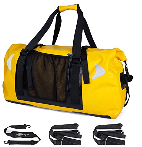 AFISHTOUR 65L wasserdichte Duffelbag für Damen und Herren – Große Motorrad-Reisetasche mit Gurten für den Rücksitz – Rollverschluss-Drybag für Kajak, Rafting, Bootfahren, Schwimmen, Strand (Gelb)