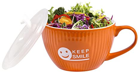 fMSDD Soup Mug with Lid, 28 Ounce, Ceramic Bowl with Handle and Lid, Dishwasher and Microwave Safe, Food Containers for Soup, Stew, Noodle and Salad, Orange
