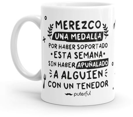 Puterful - Taza minimal con frase Merezco una medalla - Tazas originales para café - Resistente al microondas y lavavajillas