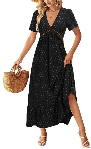 STYLEWORD Women's Maxi Dress Short Sleeve V Neck Ruffle Dress Swiss Dot Wedding Guest Dress Casual Lace Chiffon Long Dress(3050-Black,Medium)