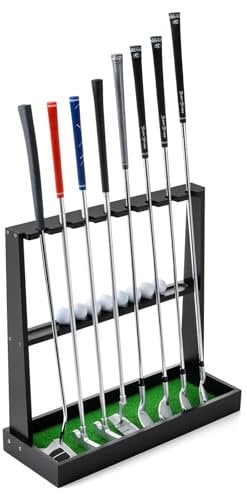 Stylish Wooden Golf Putter Stand Golf Club Holder, Indoor Display Rack with Artificial Grass Mat - Organizes 8 Clubs & 12 Balls for Home, Office and Club