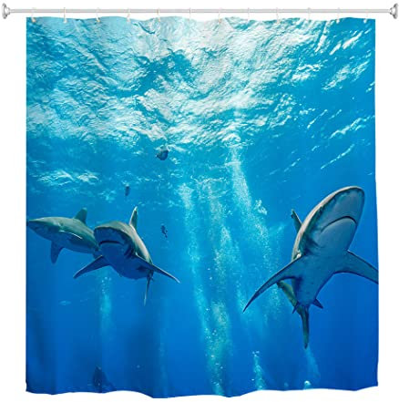goodbath Duschvorhang Hai, Unterwasser Ozean Welt Anti Schimmel Stoff wasserdichte Badezimmer Vorhänge mit 12 Haken, blau, 180 x 200cm