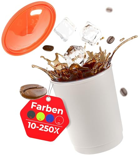 achilles Kaffeebecher mit Deckel, Kunststoffbecher, Mehrwegbecher, Trinkbecher, LFGB geprüft, spülmaschinenfest, stapelbar, 330 ml, Becher grau, Deckel orange, 50 Stk.