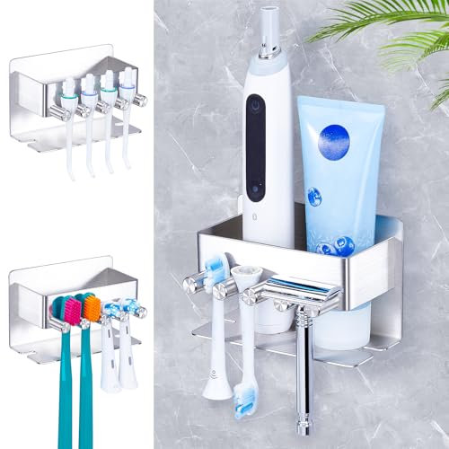 WAYASI Zahnbürstenhalter Wand, Halterung Elektrische Zahnbürste Ohne Bohren Zahnbürstenkopf Halter Selbstklebend Zahnpastaspender für Badezimmer, Edelstahl Aufsteckbürsten Halter Zahnbürsten Organizer