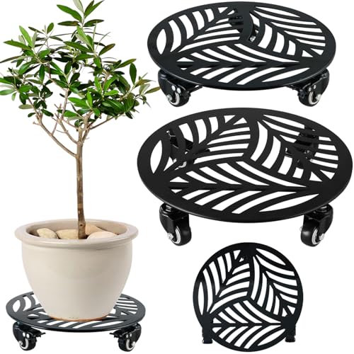 2 Packs Large Metal Plant Caddy with Wheels 13.6 and 12 Heavy-Duty Wrought Iron Rolling Plant Stands with PU Metal Casters Indoor Outdoor Round Plant Pot Roller Base Planter Movers, Glossy Black