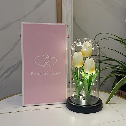 YUNBIAOSEN LED Tulip Lamp Artificial Flower Night Light Handmade Light up Tulips in Glass Dome Table Lamp Ornaments Desktop Decor - Battery Operated (Champagne)