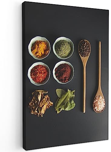 MuchoWow© Bilder 60x90 cm Wohnzimmer Deko Modern Wandbild Kunstdruck auf Leinwand über Bett Room Decor Geschenke Küchen - Schöpfkelle - Gewürze - Kräuter - Grün - Braun - Rustikal