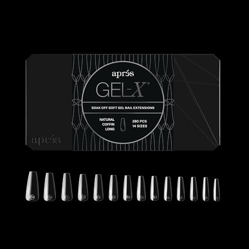 Aprés Gel-X® Coffin Nail Tips Box (Natural Coffin Long, 280 Count) | 280 Gel-X Tips, Soft Tips, 14 Sizes 00-9, Half-sizes Included