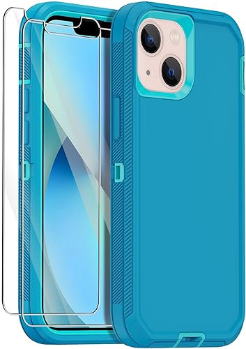 Annymall for iPhone 13 Mini Case with 2 Screen Protector,Shockproof Drop Protection Full Body Heavy Duty 3 Layer Military Rugged Durable Phone Cover for Apple iPhone 13 Mini 5.4 (Light Blue)