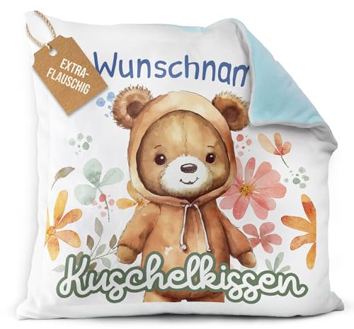 PR Print Royal Flauschiges Kuschel-Kissen für Kinder mit Füllung mit Name selbst gestalten - Bär Kissen für Mädchen und Jungs, Kinderkissen mit Name | 40 x 40 cm, Rückseite Hellblau Flauschig
