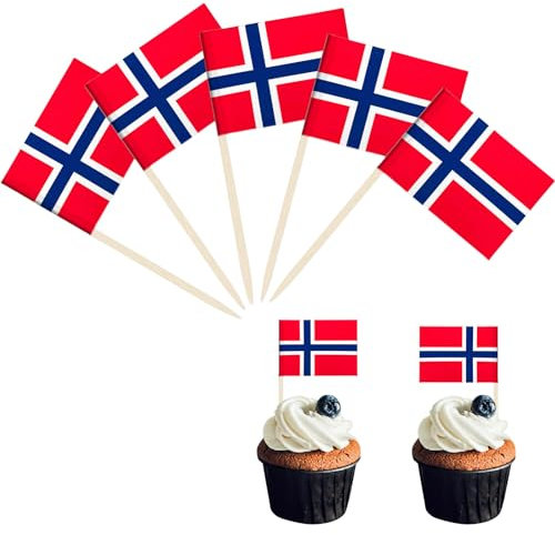 POPOYU 100 St Norwegen Fahne Zahnstocher,Flaggenpicker Norwegen,NorwegenFlagge Klein für NorwegenParty Deko,Aufkleber Flagge,Flaggen Zahnstocher Welt für Eurovision Contest,Olympische Cupcake Topper