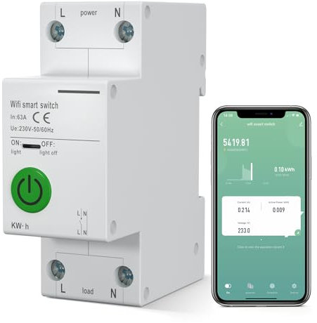 Interruttore WiFi 63A, 2P Interruttore Smart 230V - 50/60Hz per Guida DIN, Tuya APP Telecomando, Interruttore temporizzato, Compatibile con Alexa e Google Home