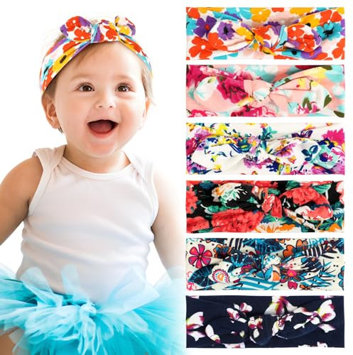 BETESSIN 6Stk. Stirnband Mädchen Kinder Haarband Blumen Elastisches Kopfband mit Schleife Breite Haarreif Schleife Haarschmuck Sommer Frühling Kopfschmuck für Schule Sport Freizeit in 6 Stilen