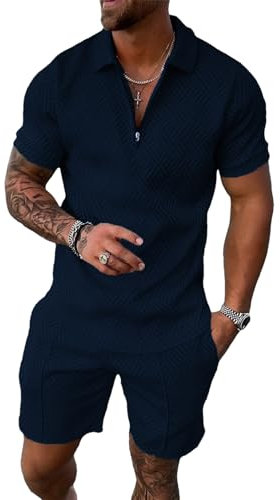 amropi Herren Sportanzug Sommer Trainingsanzug Kurzarm Reißverschluss Top und Shorts Kleidung Set Marine, L