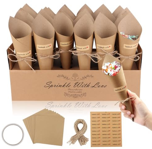 60 Pezzi Cono Riso Matrimonio, Coni Portariso Kraft Carta Coni Confettata, DIY per Matrimonio Nozze Comunione Compleanno Dekoration Portaconfetti [con solo Una 30-fori portacoriandoli]